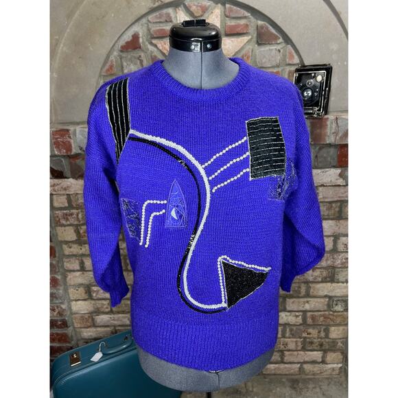 sweater vintage 1980s geometric beads purple black cream - Picture 1 of 11